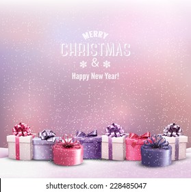 Fondo navideño navideño con un borde de cajas de regalo. Vector. 