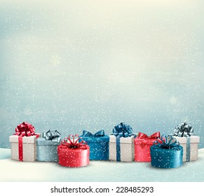 Holiday Christmas background with a border of gift boxes. Vector. 