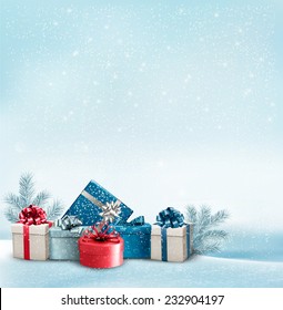 Holiday Christmas Background With A Border Of Gift Boxes. Vector. 