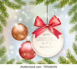 Holiday Christmas background with branches of tree and a colorful balls. Vector