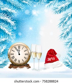 Holiday Christmas background with a champange and Santa hat. Vector. 