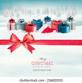 Holiday Christmas background with colorful gift boxes and a red gift ribbon. Vector. 