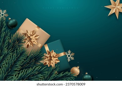 Holiday Christmas background with empty space. 3d Realistic green and gold gift boxes. Festive green banner.