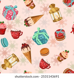 Holiday Christmas background with festive sweet treat, ice cream, cookie, gifts on light background. Christmas vector illustration for decoration textile, holidays packaging.