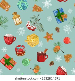 Holiday Christmas background with festive sweet treat, marshmallow, cookie, gifts on light background. Christmas vector illustration for decoration textile, holidays packaging.