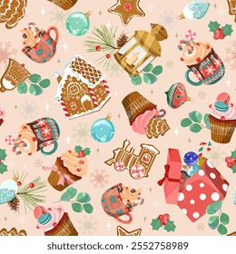 Holiday Christmas background with festive sweet treat, Christmas drinks, cookie and Christmas balls on light background. Christmas vector illustration for decoration textile, holidays packaging.