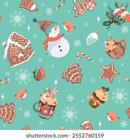 Holiday Christmas background with festive sweet treat, marshmallow, cookie, gifts and snowman. Christmas vector illustration for decoration textile, holidays packaging.