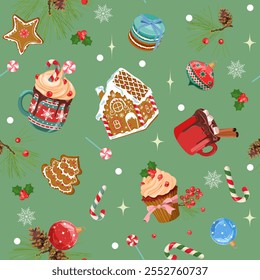 Holiday Christmas background with festive sweet treat, marshmallow, cookie, gifts on green background. Christmas vector illustration for decoration textile, holidays packaging.v