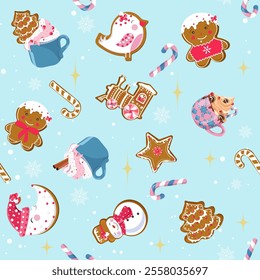 Holiday Christmas background with festive sweet treat, cookie and drinks on blue background. Christmas vector illustration for decoration textile, holidays packaging.