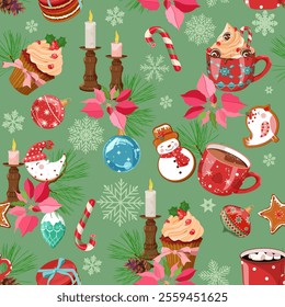 Holiday Christmas background with festive sweet treat, cookie and drinks on green background. Christmas vector illustration for decoration textile, holidays packaging.