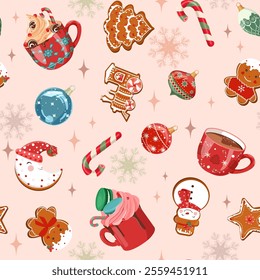 Holiday Christmas background with festive sweet treat, cookie and drinks. Christmas vector illustration for decoration textile, holidays packaging.