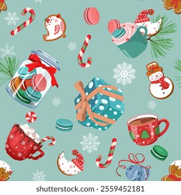 Holiday Christmas background with festive sweet treat, cookie and drinks. Christmas vector illustration for decoration textile, holidays packaging.