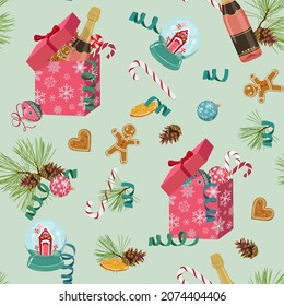 Holiday Christmas background with fir tree and festive decorations balls, stars, snowflakes, champagne, gingerbreads on light background. Christmas vector illustration for decoration textile