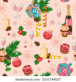 Holiday Christmas background with fir tree and festive decorations balls, cookie, snowflakes, champagne, candle on light background. Christmas vector illustration for decoration textile, packaging.