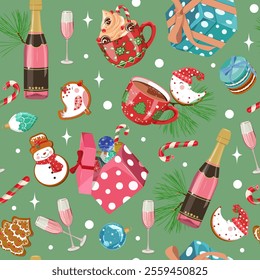 Holiday Christmas background with fir tree and festive decorations balls, stars, snowflakes, champagne, cookies on green background. Christmas vector illustration for decoration textile,  packaging.