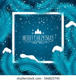 Holiday Christmas background. Frozen blue fir tree and text. Greeting card vector template. 