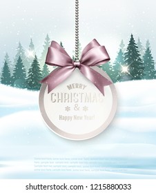 Holiday Christmas background with a getting card and winter landscape. Vector.