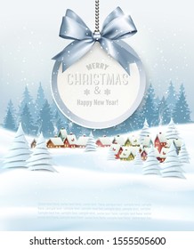 Holiday Christmas background with getting card and winter landscape. Vector.