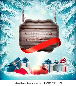 Holiday Christmas background with a gift boxes and wooden sign. Vector. 