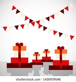 Holiday Christmas background with a gift boxes and Santa hat. Vector.