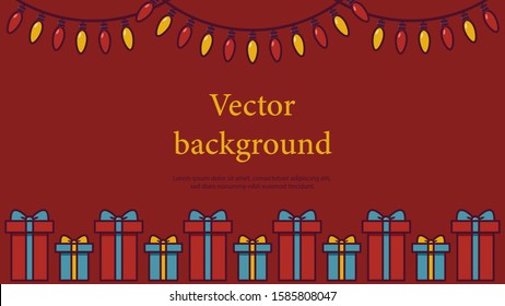 Holiday Christmas background with a gift boxes and garland. Stock vector illustration for new year celebration