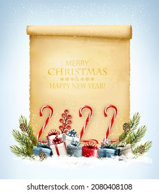 Holiday Christmas background with a gift boxes, christmas candy cane and old paper. Vector