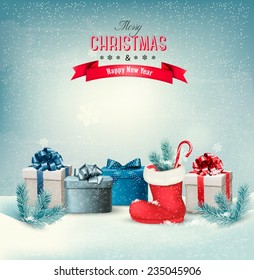 Holiday Christmas background with gift boxes and a boot. Vector. 