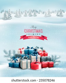 Holiday Christmas background with gift boxes. Vector. 