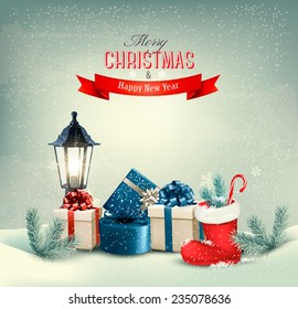 Holiday Christmas background with gift boxes and a boot. Vector. 