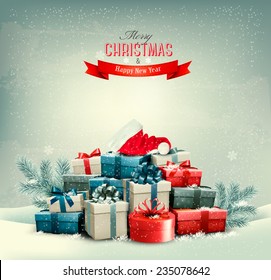 Holiday Christmas background with gift boxes and a santa hat. Vector. 