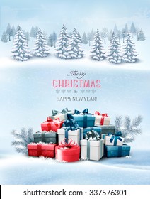 Holiday Christmas background with gift boxes and landscape. Vector. 