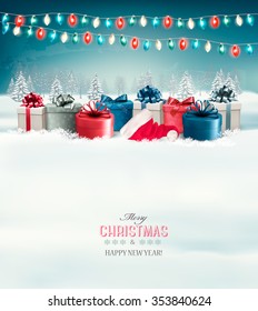 Holiday Christmas background with gift boxes and garland. Vector. 