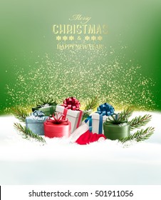 Holiday Christmas background with a gift boxes. Vector. 