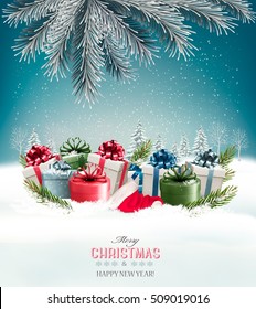 Holiday Christmas background with a gift boxes Vector. 