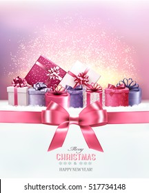 Holiday Christmas background with a gift boxes.and pink bow Vector