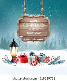 Holiday Christmas Background With Gift Boxes And Wooden Sign. Vector