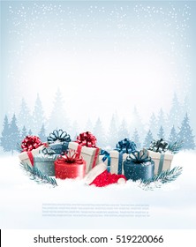 Holiday Christmas Background With A Gift Boxes And Santa Hat. Vector. 
