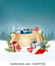 Holiday Christmas background with a gift boxes and Santa hat. Vector. 