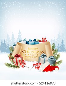 Antecedentes navideños de vacaciones con cajas de regalo y sombrero de Papá Noel. Vector.