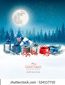 Holiday Christmas background with gift boxes. Vector.