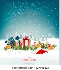 Holiday Christmas background with a gift boxes. Vector. 