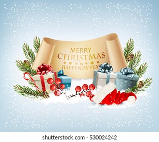 Holiday Christmas background with a gift boxes and Santa hat. Vector