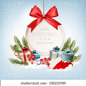 Holiday Christmas background with a gift boxes and gift card with red bow. Vector