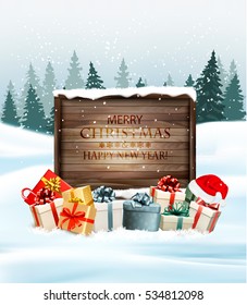 Holiday Christmas background with a gift boxes and Santa hat. Vector. 