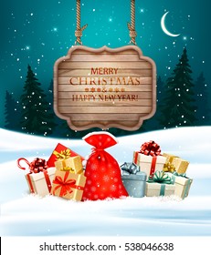 Holiday Christmas background with gift boxes and wooden sign. Vector