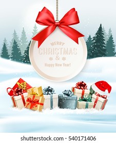 Holiday Christmas background with a gift boxes and gift card with red bow. Vector