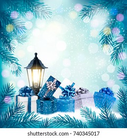 Holiday Christmas background with a gift boxes and lamp. Vector