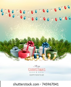 Holiday Christmas background with a gift boxes and garland. Vector