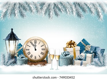 Fondo navideño de vacaciones con cajas de regalo y reloj. Vector