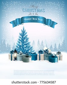 Fondo navideño de Navidad con cajas de regalo y árbol azul. Vector